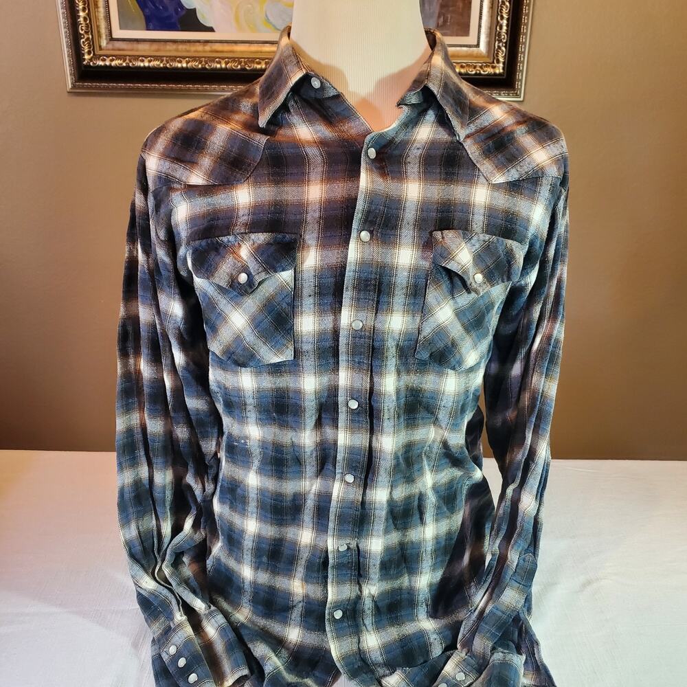 Vintage Plains Western Wear Plaid Pearl Snap Shirt Mens XLT Tall Long Sleeve